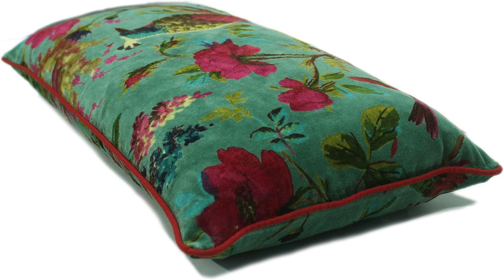Eyes of India Velvet Floral Flower Bird Throw Pillow Sofa Cushion Cover Case Couch Colorful Boho Chic Bohemian Accent Indian Handmade (Green, 20" x 12")