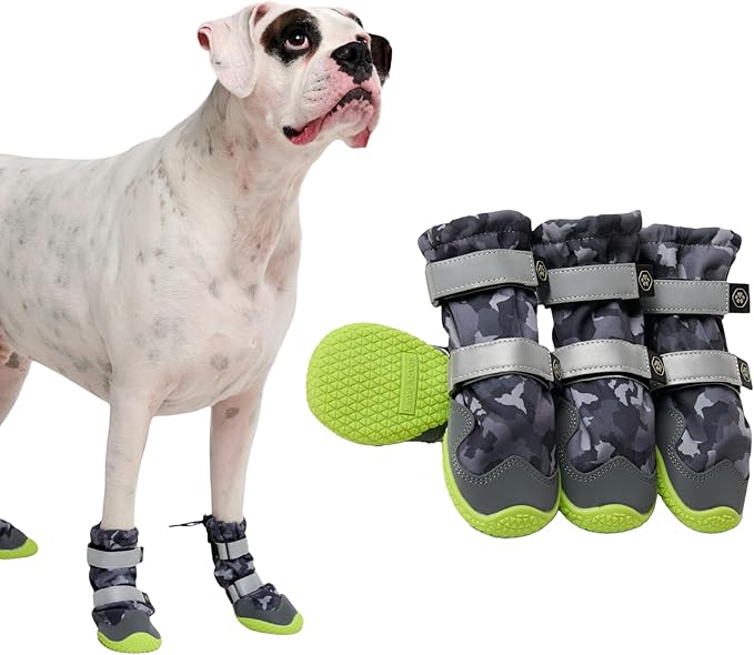 Spark Paws Dog Shoes, Waterproof Dog Boots for Medium to Large Dogs, Non Slip, Breathable Dog Booties and Paw Protectors - 4PCS Doggie Hiking Boots with Reflective Straps, Gray Camo, Size 5