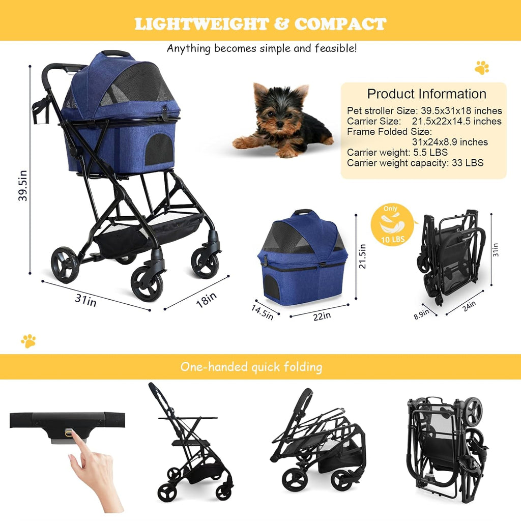 3 in 1 Dog Stroller, Lightweight Foldable Pet Strollers, 4 Wheels Dog Cat Stroller with Removable Travel Carrier, No-Zip Canopy, Cup Holder, Large Storage Basket for Small/Medium Pet - Blue