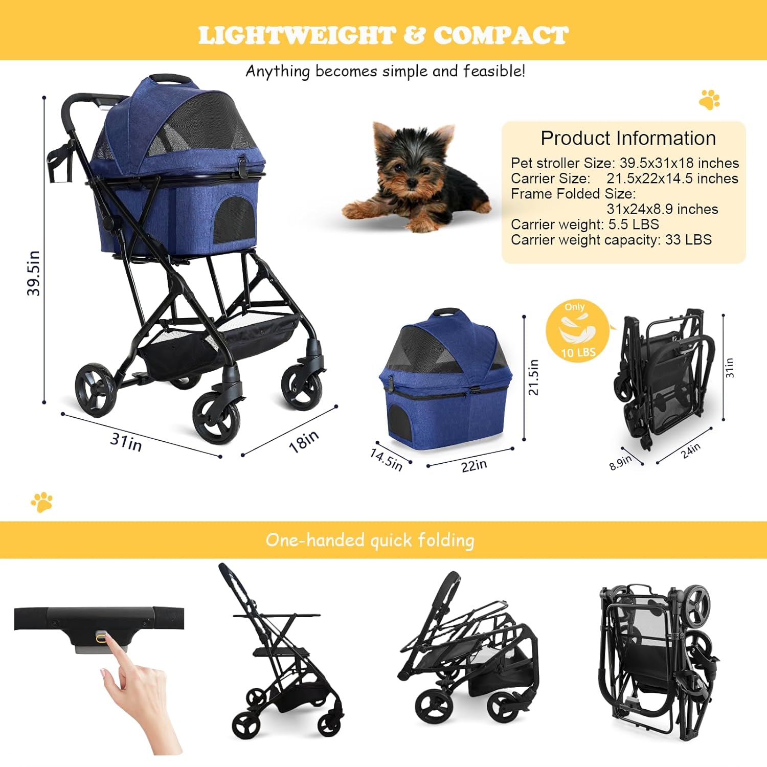 3 in 1 Dog Stroller, Lightweight Foldable Pet Strollers, 4 Wheels Dog Cat Stroller with Removable Travel Carrier, No-Zip Canopy, Cup Holder, Large Storage Basket for Small/Medium Pet - Blue