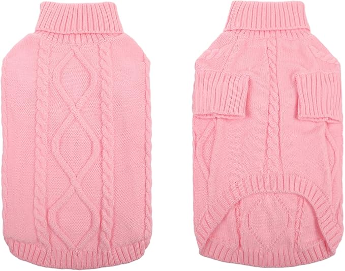 Queenmore Small Dog Pullover Sweater, Cold Weather Cable Knitwear, Classic Turtleneck Thick Warm Clothes for Chihuahua, Bulldog, Dachshund, Pug, Yorkie (Pink, Large)