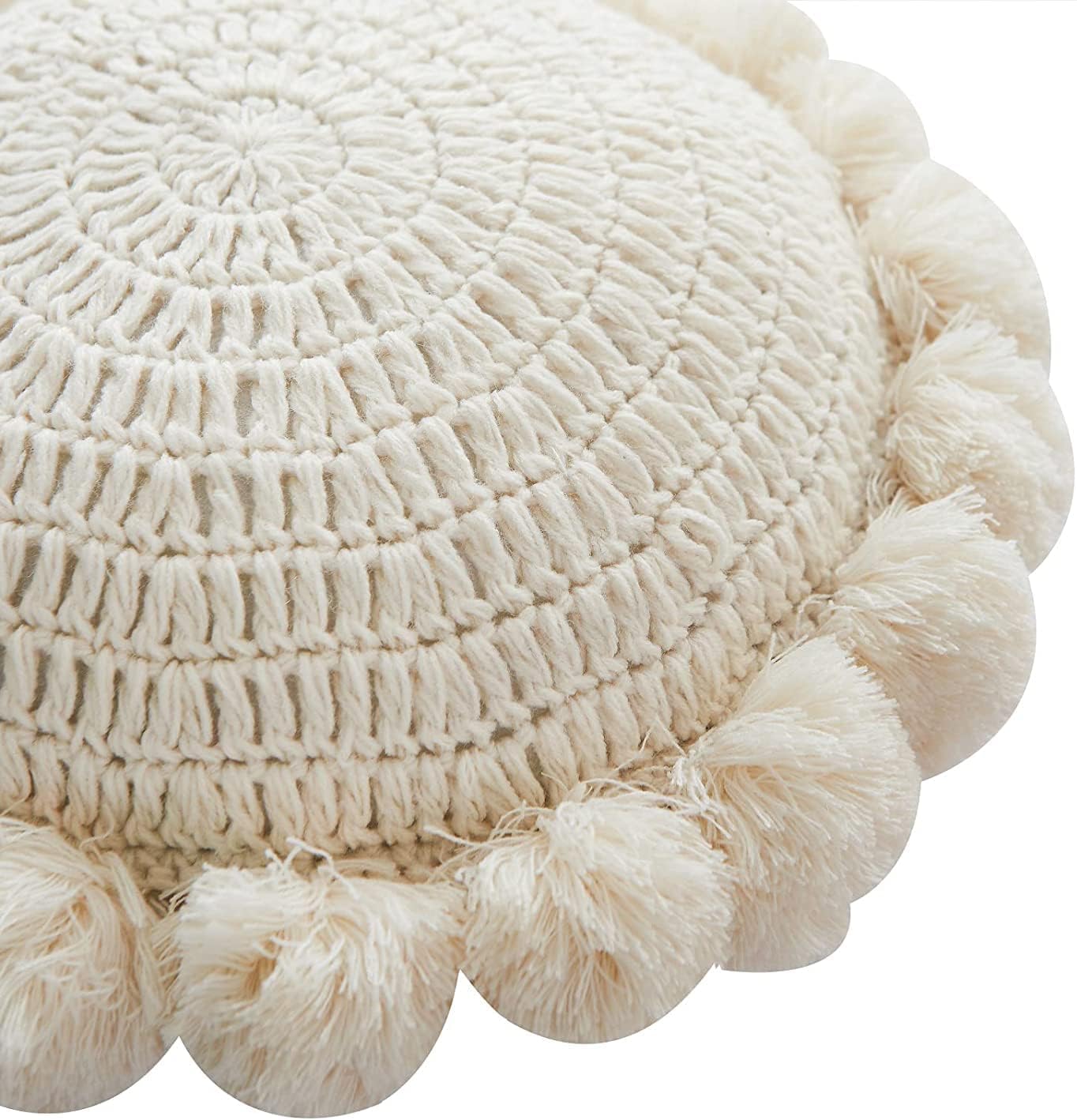 Boho Round Throw Pillow with Cute Handmade Pom Poms Tassels 18 Inch, Decorative Circular Knitted Crochet Cushion for Couch, Sofa, Chair, Bed, Beige