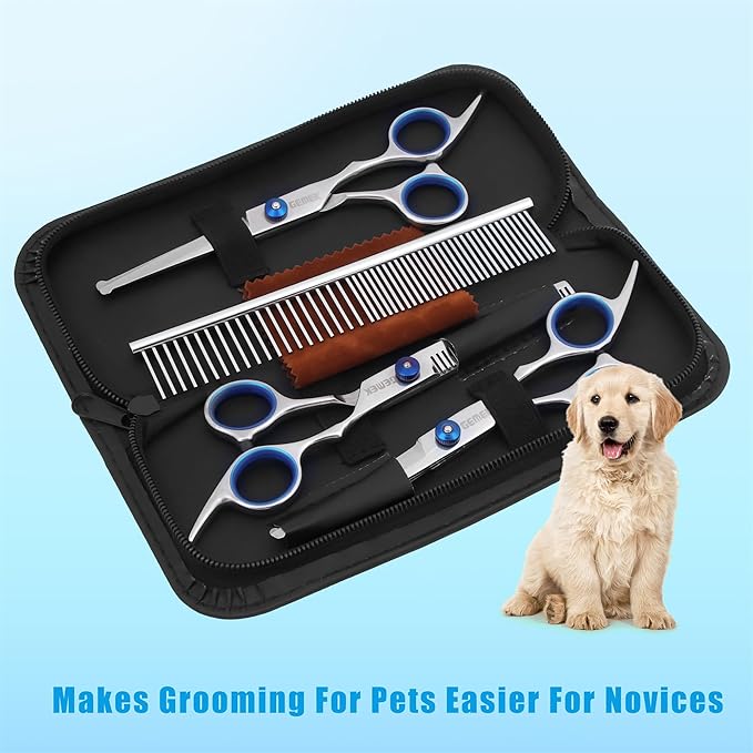 GEMEK Professional Grooming Scissors for Dogs with Safety Round Tips, Dog Grooming Scissors Set - Thinning, Straight, Curved Shears and Comb for Long Short Hair for Dog Cat Pet (Blue-5 in 1)
