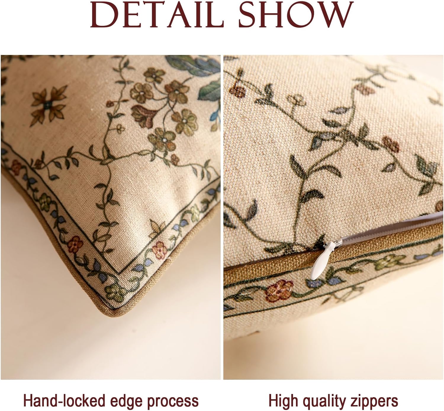 patdrea Designer Throw Pillow Covers,Square Euro Retro Style Light Brown Linen with Floral Pattern Pillow Cover,Decorative Pillowcases Cushion for Bed Living Room Outdoor Car,18"x18"