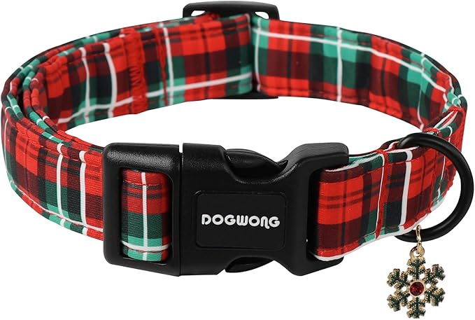 DOGWONG Christmas Plaid Dog Collar- Cute Red Christmas Checked Dog Collars for Small Medium Large Dogs XL