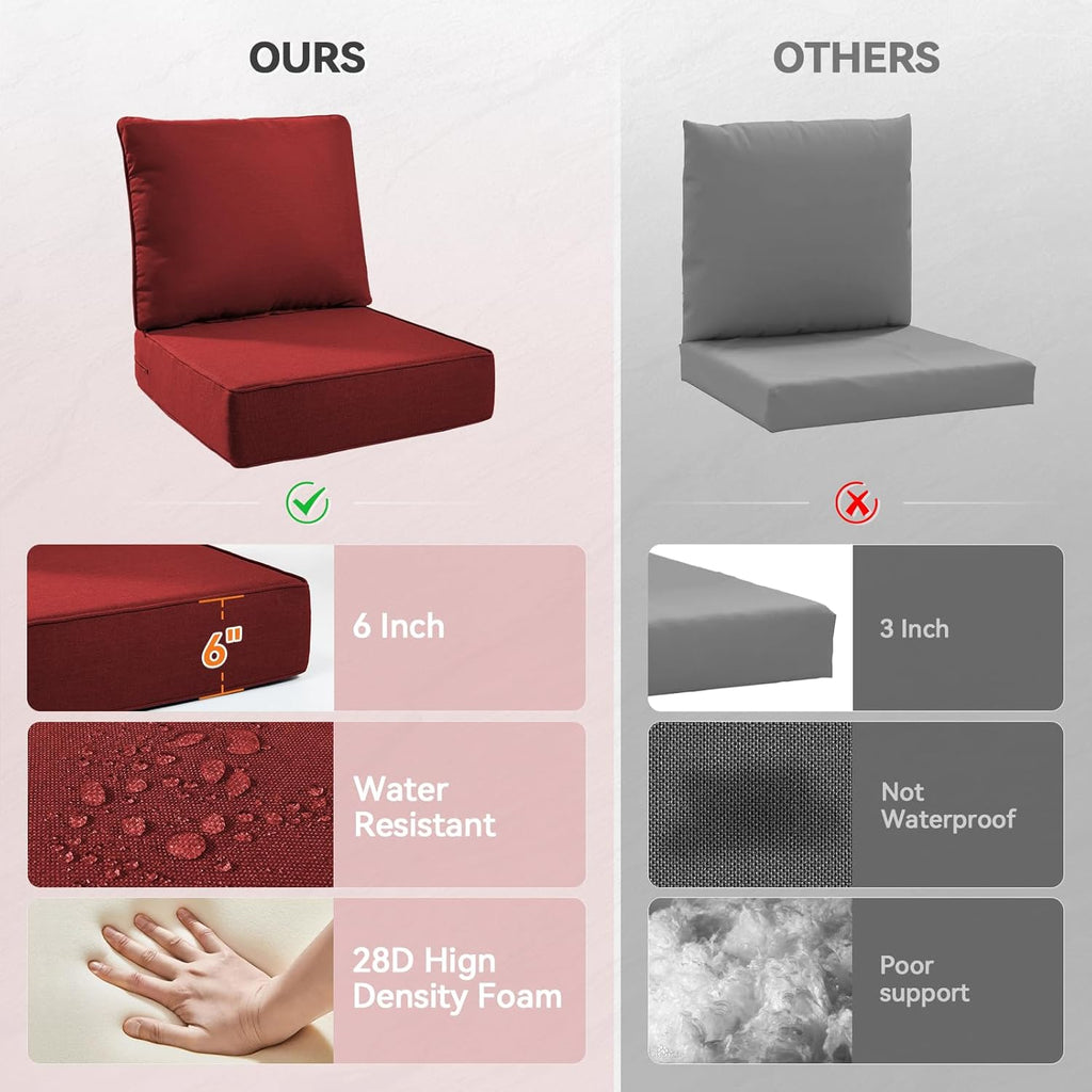 6" Thick Outdoor Cushions 24x24x6, 1-Set Deep Seat Patio Cushions with Removable Cover, Waterproof & Fade Resistant Replacement for Wicker Chair, Loveseat, Sofa - Red