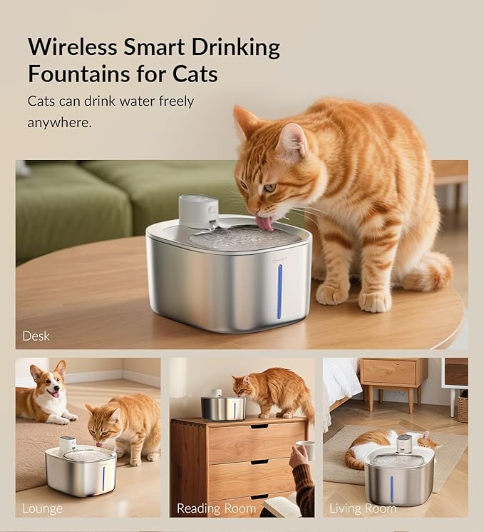 Cordless Cat Water Fountain Stainless Steel + Litter Box Set, 4L Automatic Wireless Pet Water Dispenser with 5Pack Filter + Cat Litter Box Sets for Multi Pet Family
