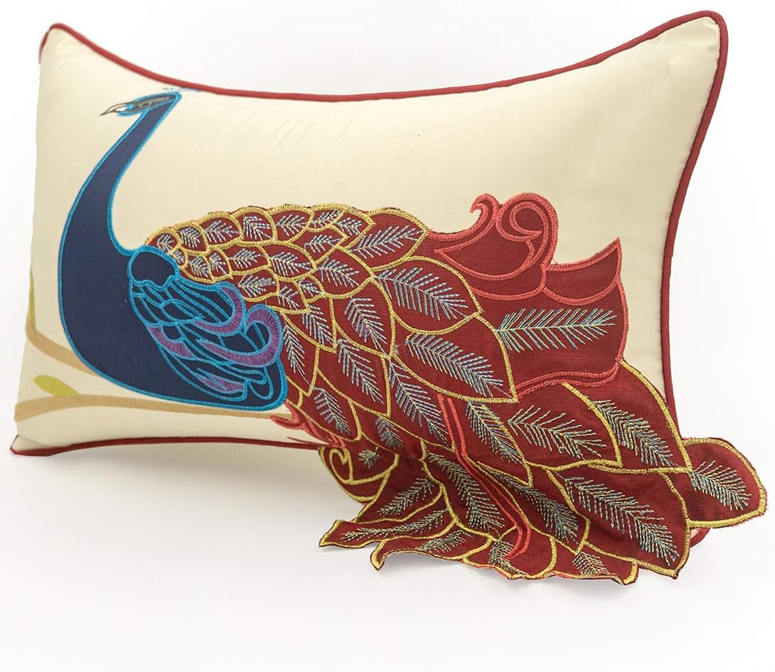 vctops Embroidered Peacock Decorative Throw Pillow Case Silky Satin Cushion Cover Red3 12"X20"