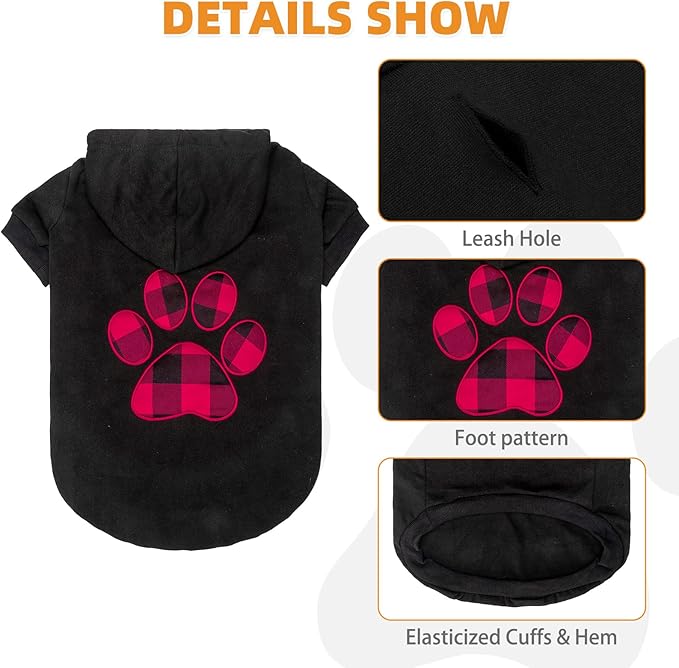 KOOLTAIL Plaid Dog Hoodie Pet Clothes Sweater with Hat and Pocket for Small Medium Large Size Dogs, Soft Winter Warm Dog Cold Weather Coat, Fleece Fall Dog Hooded Sweatshirt for Puppy Cats, Black SM