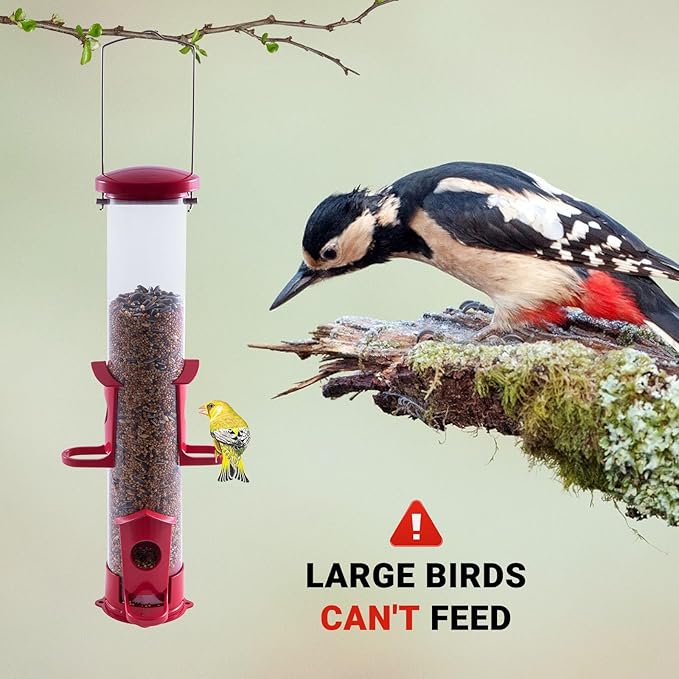 Tube Bird Feeder for Outdoors Hanging Finch Feeders for Outsides Metal 4 Ports & U Perches Squirrel Chew Proof, Removable Base, Easy to Fill & Clean, Red Attracts More Wild Birds