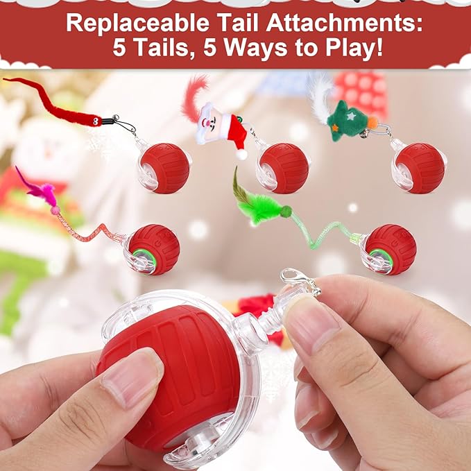 BABORUI Interactive Cat Toy Ball - Automatic Christmas Cat Toys for Indoor Cats with 5 Tails, 2 Speeds Rechargeable Cat Enrichment Toys for Small/Medium/Large Cats to Keep Them Busy