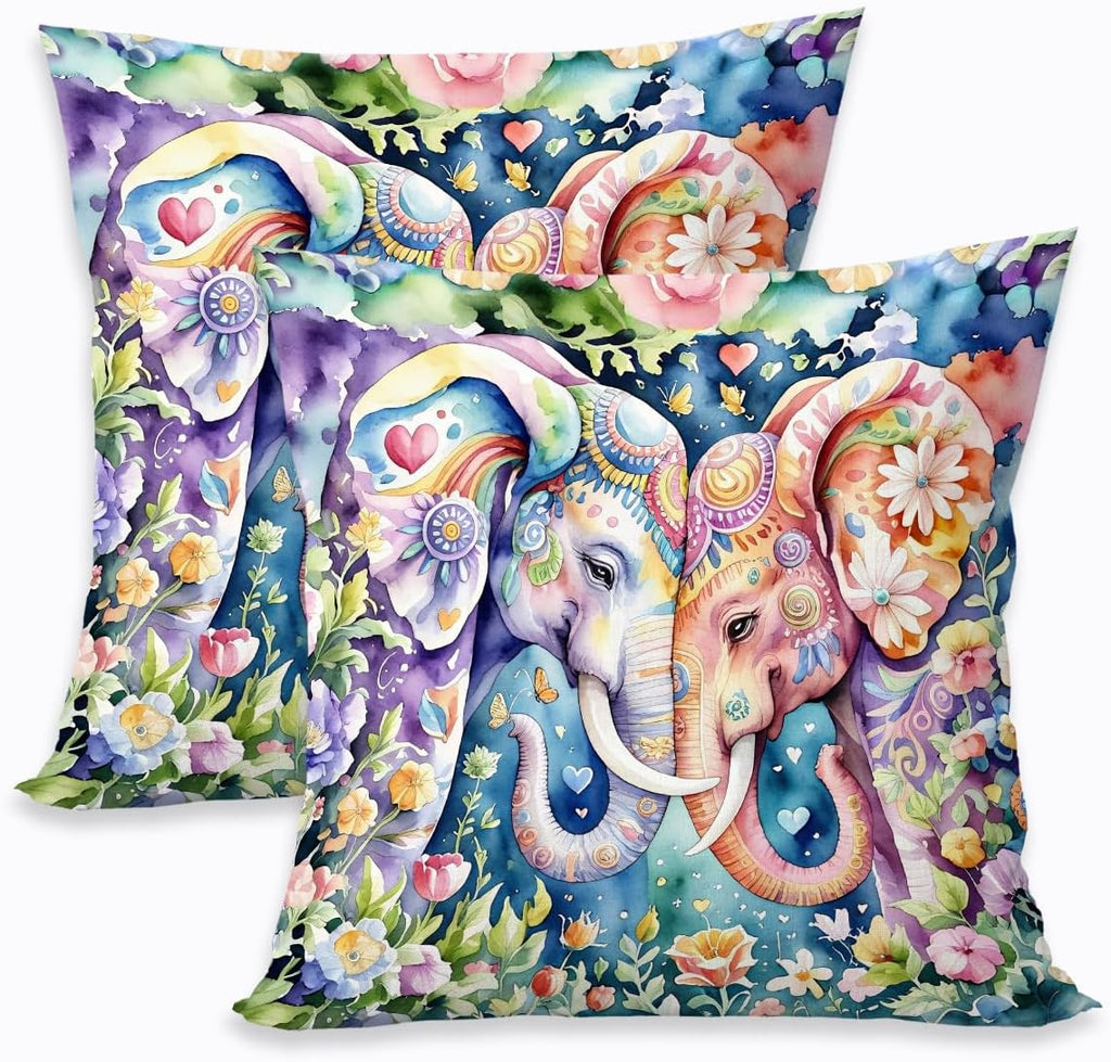 2 Pcs Watercolor Elephant with Floral Decorative Throw Pillow Covers, Cute Colour Elephant Square Decorative Cushion Cover for Women Friend Sister Coworker Birthday Christmas