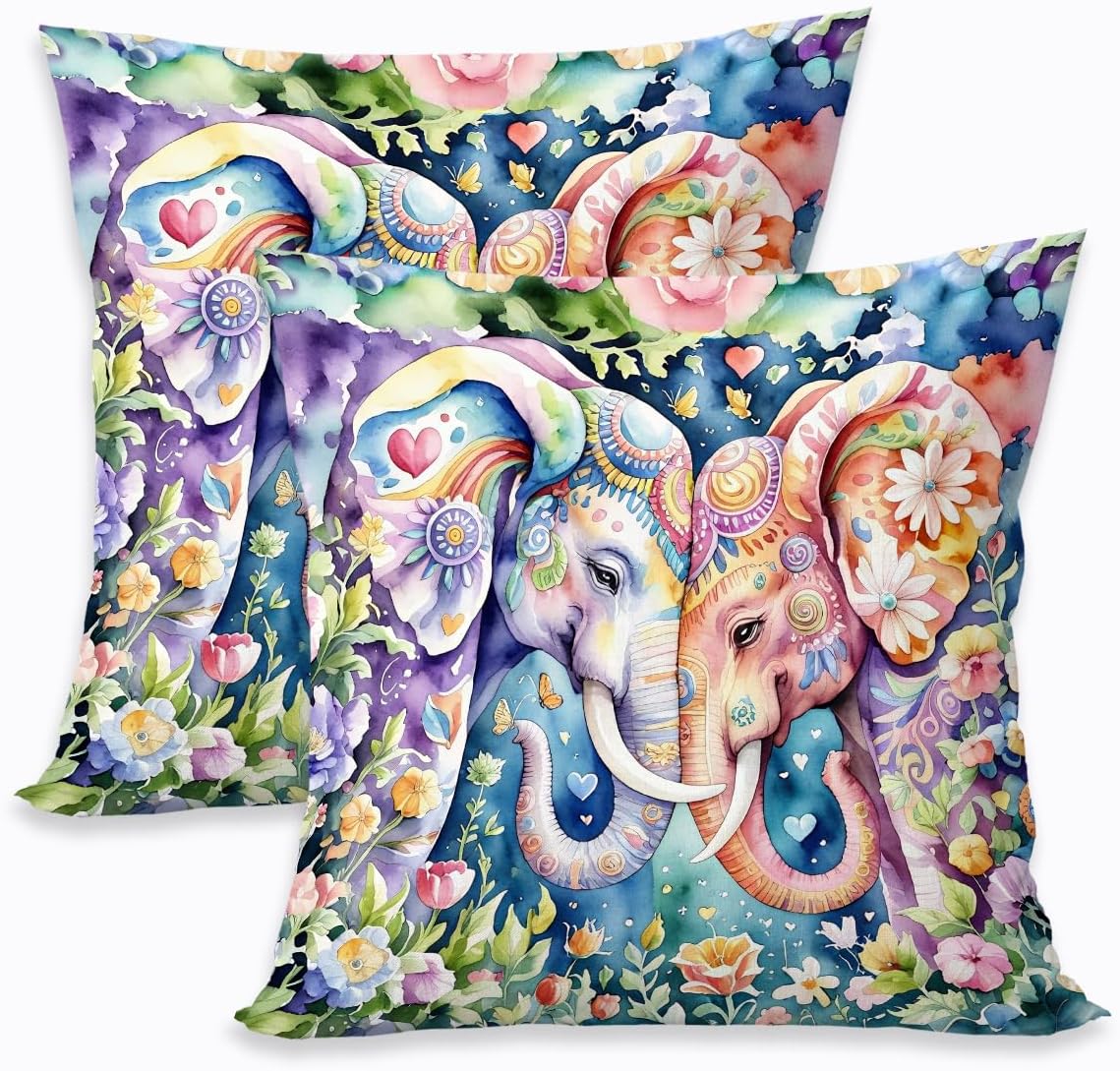 2 Pcs Watercolor Elephant with Floral Decorative Throw Pillow Covers, Cute Colour Elephant Square Decorative Cushion Cover for Women Friend Sister Coworker Birthday Christmas