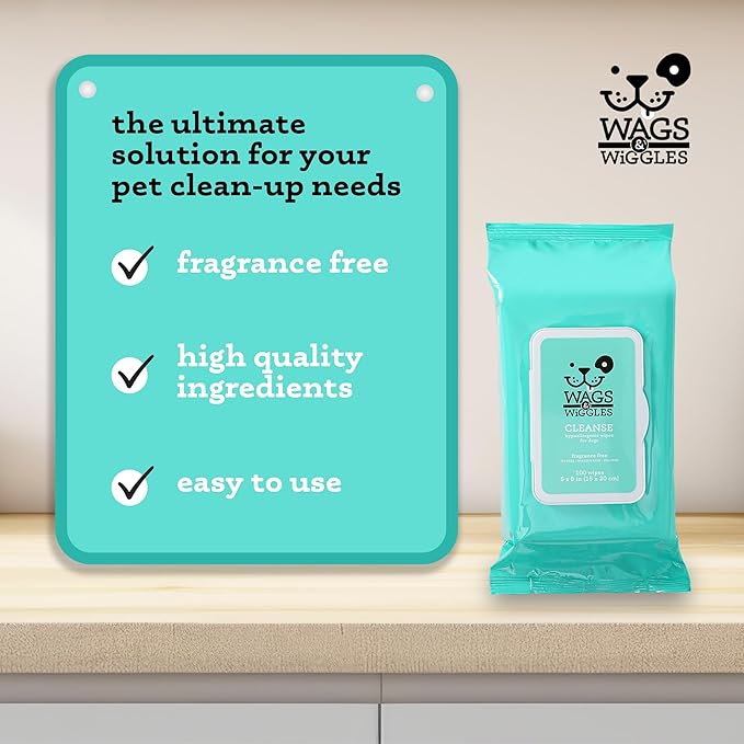 Wags & Wiggles Cleanse Hypoallergenic Wipes 100ct | Hypoallergenic Dog Wips 100 Count Package, Fragrance Free | Waterless Bathing to Keep Pets with Sensitive Skin Clean (FF22031)