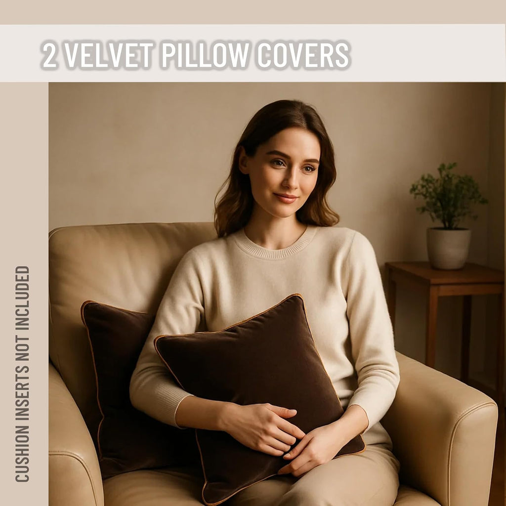 2 Pack Velvet Decorative Throw Pillow Covers, 12"x20", Brown and Camel, Solid, Modern, Contrast Piping, Indoor Use, Bedroom & Living Room