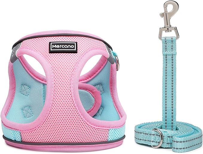 Mercano Soft Mesh Dog Harness and Leash Set, No-Chock Step-in Reflective Breathable Lightweight Easy Walk Vest Harnesses with Safety Buckle for Small Dogs, Cats (XL, Pink Blue)