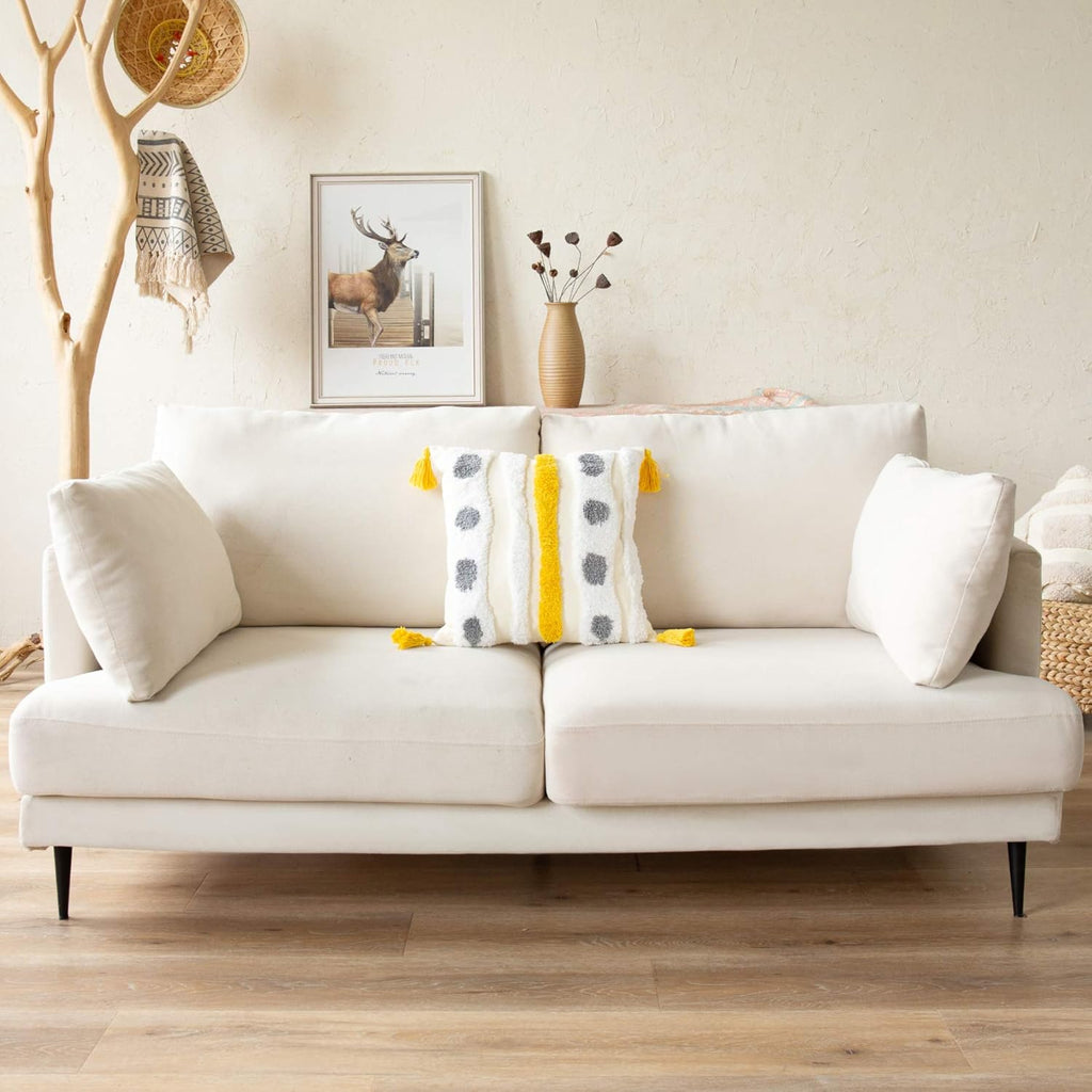 Woven Tufted Farmhouse Boho Throw Pillow Cover, Modern Decorative Multi Color Geometric Stripes Pillowcase with Tassels for Couch Sofa Bedroom Living Room, 18 x 18 Inches, Ivory, White, Yellow, Grey