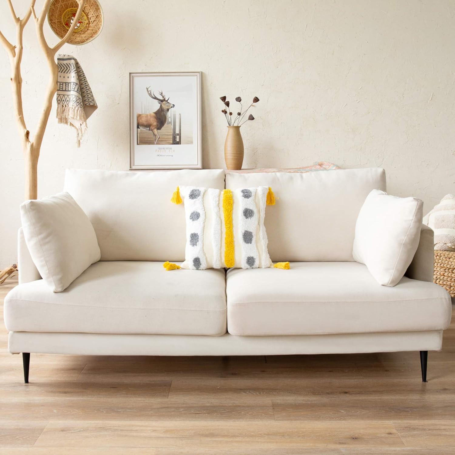 Woven Tufted Farmhouse Boho Throw Pillow Cover, Modern Decorative Multi Color Geometric Stripes Pillowcase with Tassels for Couch Sofa Bedroom Living Room, 18 x 18 Inches, Ivory, White, Yellow, Grey