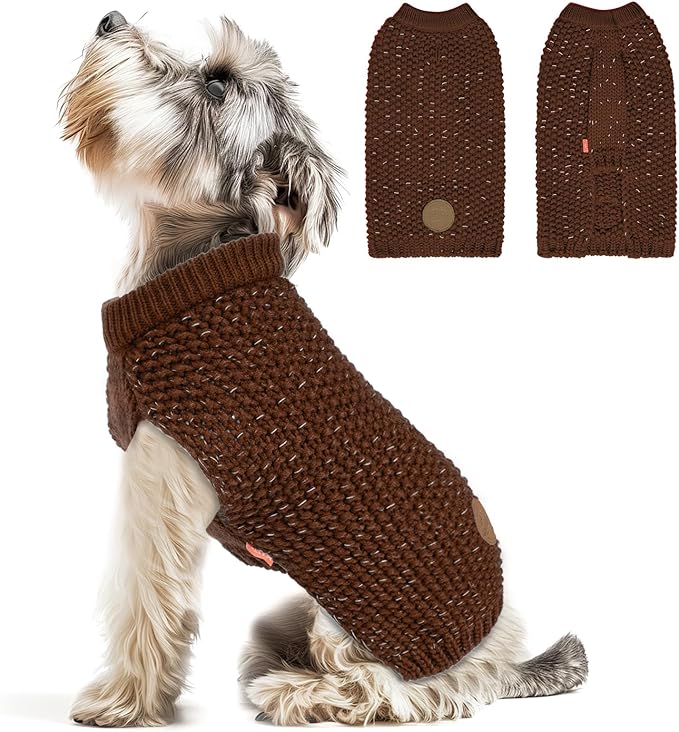 KYEESE Dog Sweater with Leash Hole for Small Dogs Male Warm Pullover with Reflective Thread Soft Knitwear Boy Dog Clothes Cozy Lightweight Thick Sweater Pet Indoor Outdoor Wear,Khaki,X-Small