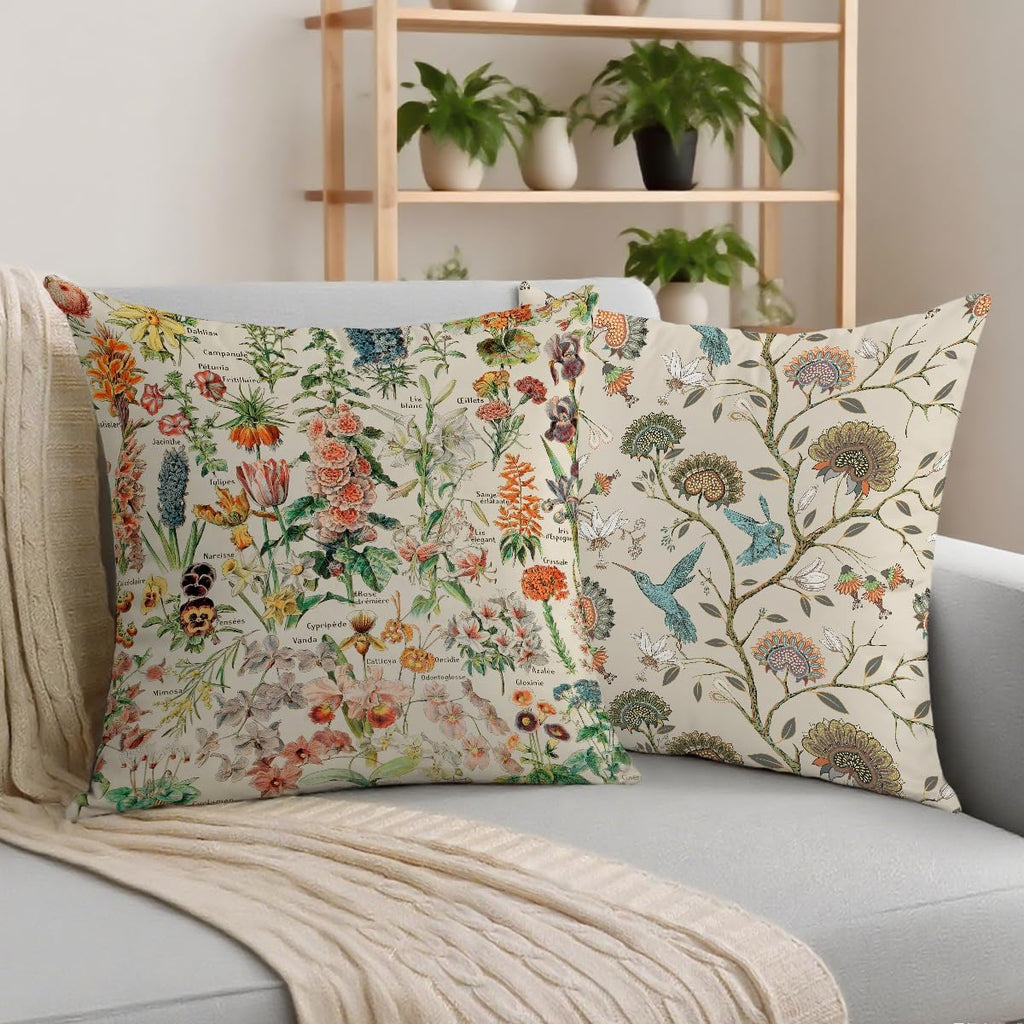 2 Pcs Floral Throw Pillow Cushion Cover, Vintage Garden Plants Herbs Flowers Botanical Classic Design Art, Decorative Square Accent Pillow Case, Gifts for Women Friend Sister Birthday Christmas