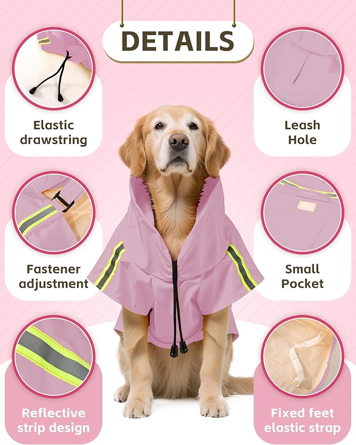 Dog Rain Coat, Waterproof Adjustable Dog Rain Jackets, Reflective Strap Pet Rain Coat with Leash Hole, Hooded Snowproof Windproof Clothes for Small Medium Dog Small