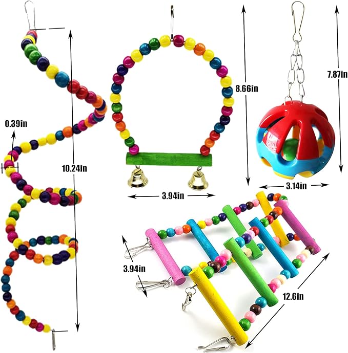 Hamiledyi Bird Parrot Swing Chewing Toy Set 15PCS Wooden Hanging Bell with Hammock Climbing Ladders Colorful Pet Birds Cage Toys for Small Parakeet Cockatiel Finches Conures Budgie Macaws Love Birds