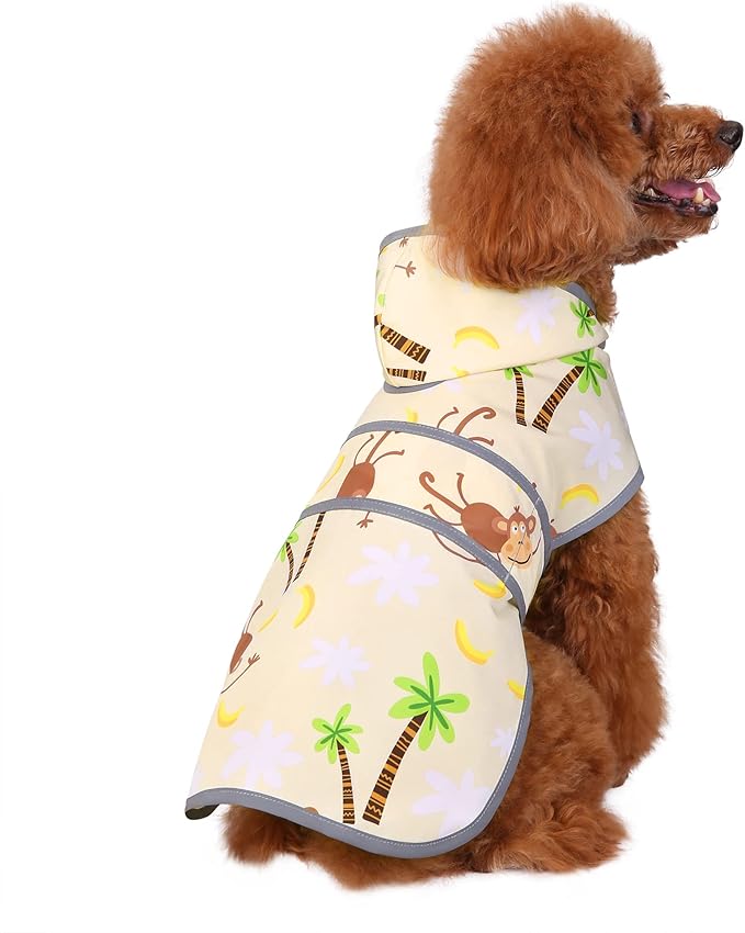 Dog Raincoat for Small Dogs Puppies Waterproof Hooded Rain Jacket with Reflective Strips Leash Hole & Poncho Adjustable Fit (Monkey,S)