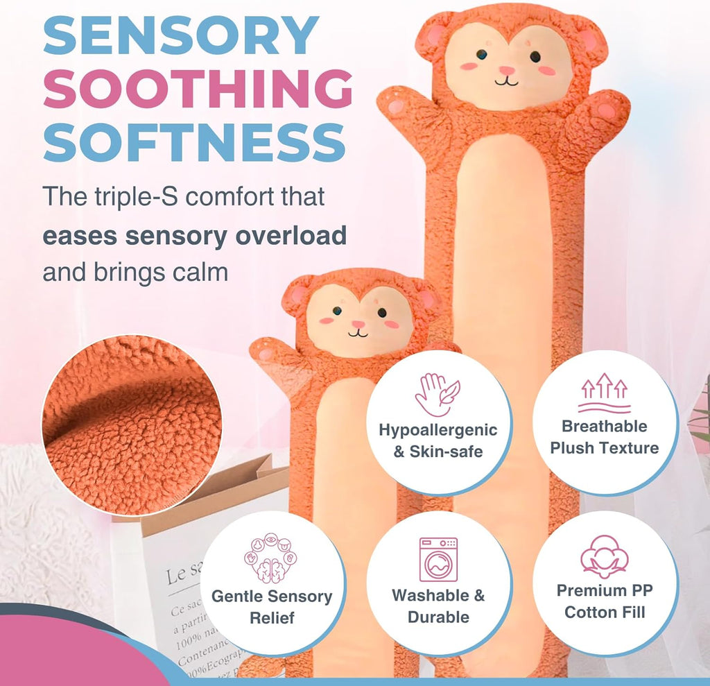 Monkey Plush Body Pillow for Kids | Long Stuffed Animal Cuddle Pillow | Soft Hugging Toy | Plushie Gift for Girls & Boys | Long Plush Body Pillow for Sleep & Comfort | Small, 23 Inches
