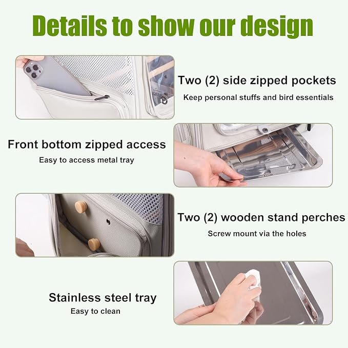 Cockatiel Carrier Backpack for Small to Medium Bird, Portable Bird Travel Carrier Cage with Standing Perches and Metal Tray, Breathable Transport Bag for Parakeet, Budgie, Conure, Cockatiel, Parrot