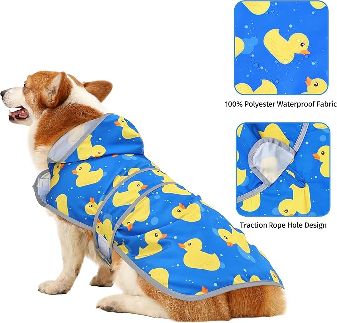 Dog Raincoat for Medium Dogs Waterproof Hooded Rain Jacket with Reflective Strips Leash Hole & Poncho Adjustable Fit (ShinyDuck,L)