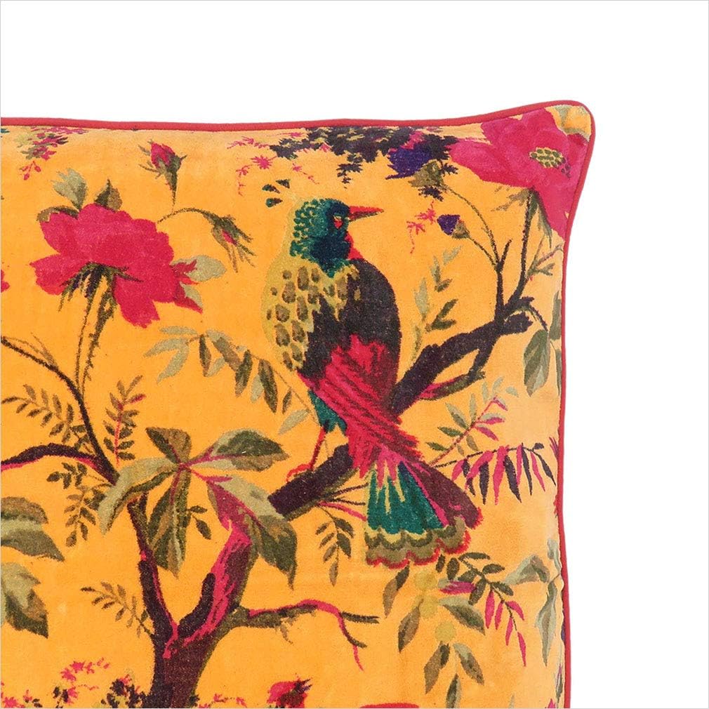 Eyes of India Boho Velvet Bird Print Throw Pillow Cover, Colorful Decorative Floral Cushion Case for Sofa Couch, Bohemian Chic Accent for Bedroom Living Room, 20x20 inch (50x50 cm), Yellow