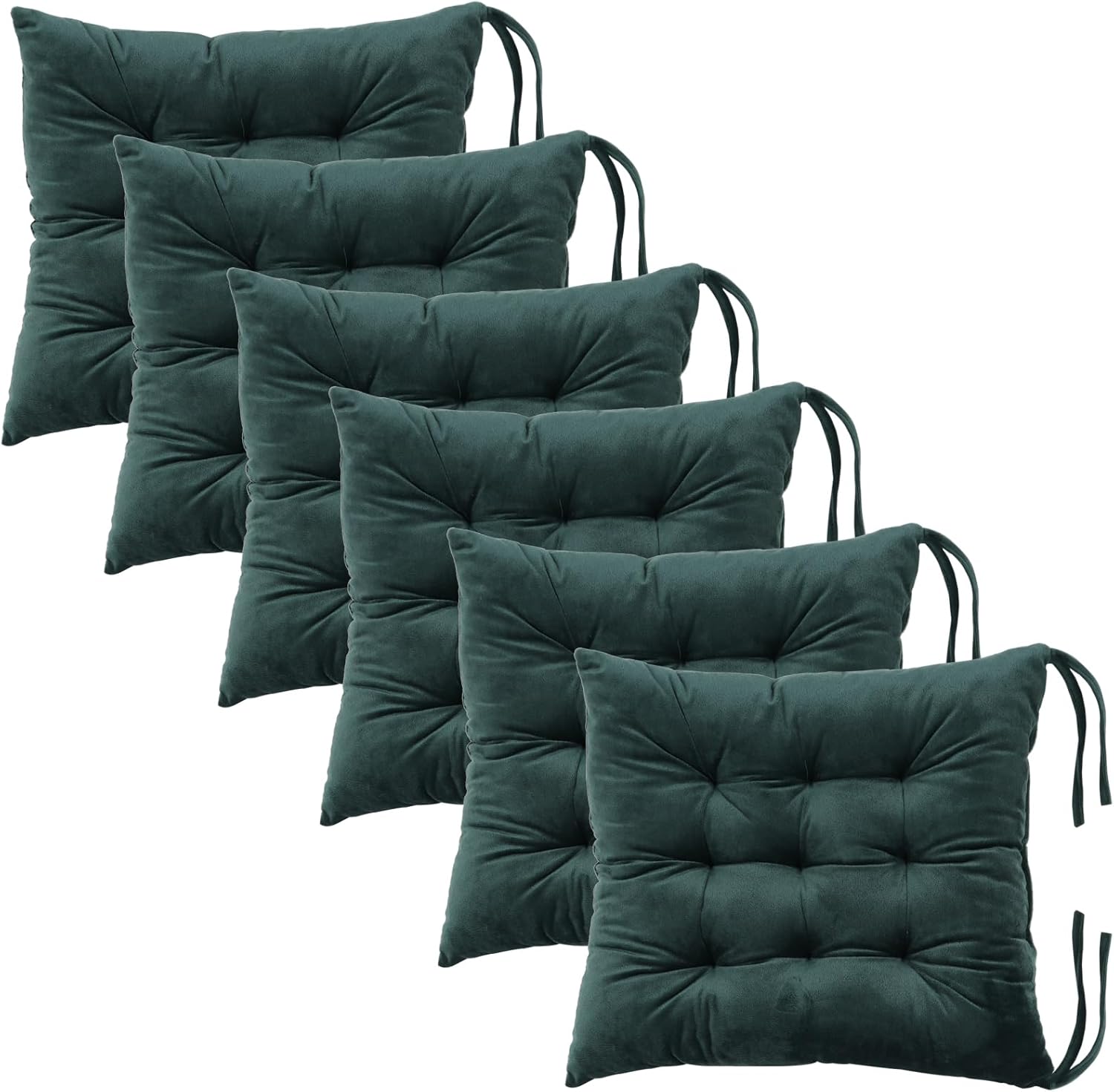 6 Pack Square Seat Cushion Chair Pads for Kitchen Dining Chairs, Soft Comfort Velvet Chair Mat Pillow Cushions with Ties for Office Desk Living Room Tatami 15.5", Dark Green