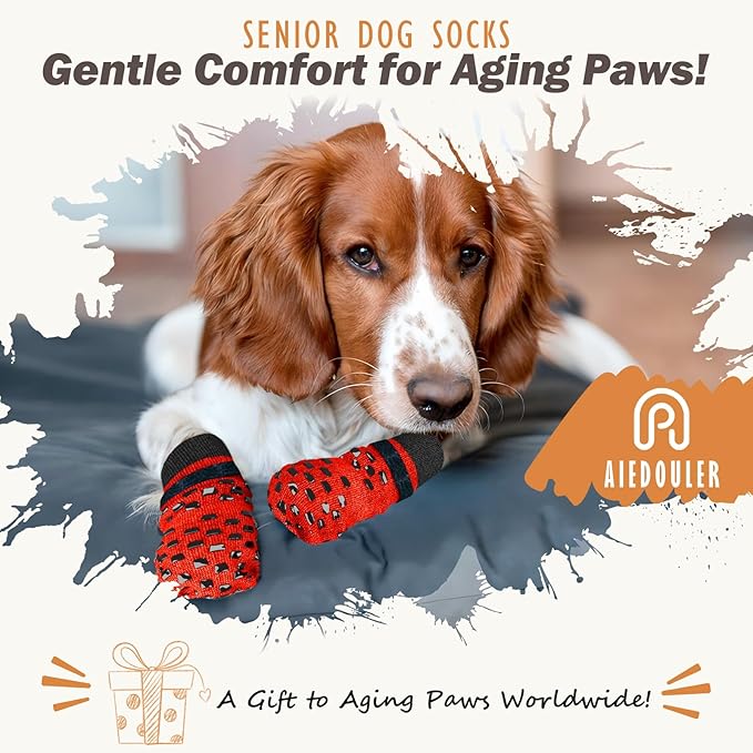 Non Slip Dog Socks to Prevent Licking Paws Grippy Socks for Senior Dog on Hardwood Floors Anti Slip Dog Socks for Christmas Holiday Double Side Paw Protector Prevent Scratching Red L