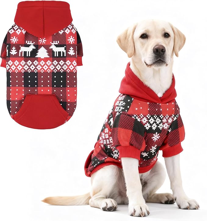 KOOLTAIL Christmas Dog Hoodie,Red Plaid Pet Clothes Sweater with Leash Hole&Pocket for Small Medium Large Dogs, Soft Winter Warm Dog Cold Weather Coat, Fleece Puppy Hooded Sweatshirt for Boys Girls, L