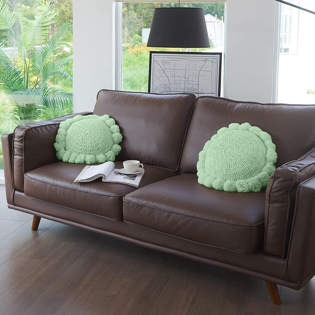 Boho Round Throw Pillow with Cute Handmade Pom Poms Tassels 18 Inch, Decorative Circular Knitted Crochet Cushion for Couch, Sofa, Chair, Bed, Sage Green