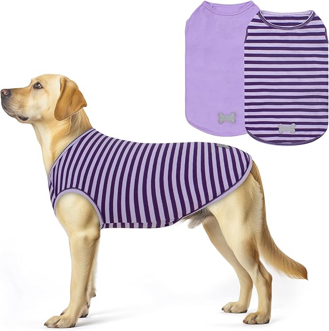 KYEESE 2Pack Dog Shirts for Large Dogs Cotton Striped Dog T Shirt Lightweight Pet Clothes Soft Sleeveless Vest Stretchy Tank Top, XXX-Large,Purple+Striped