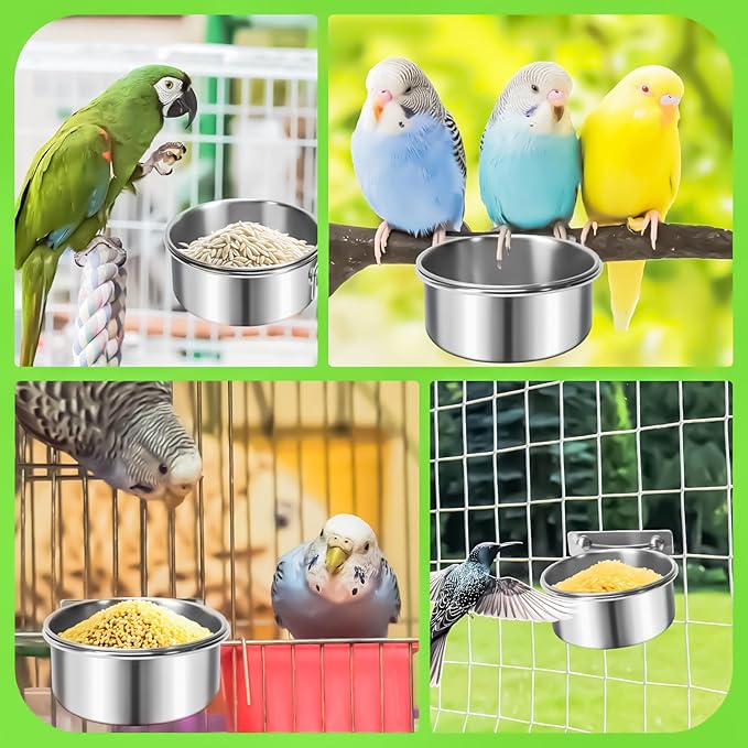 MotBach 2 Pack Bird Feeding Bowls Cups Parrot Food Water Dishes, Stainless Steel Bird Bowl Cup Dish with Clamp, Birdcage Feeder Pet Cage Bowls for Parrot Cockatiel Budgie Conure Parakeet Small Animal