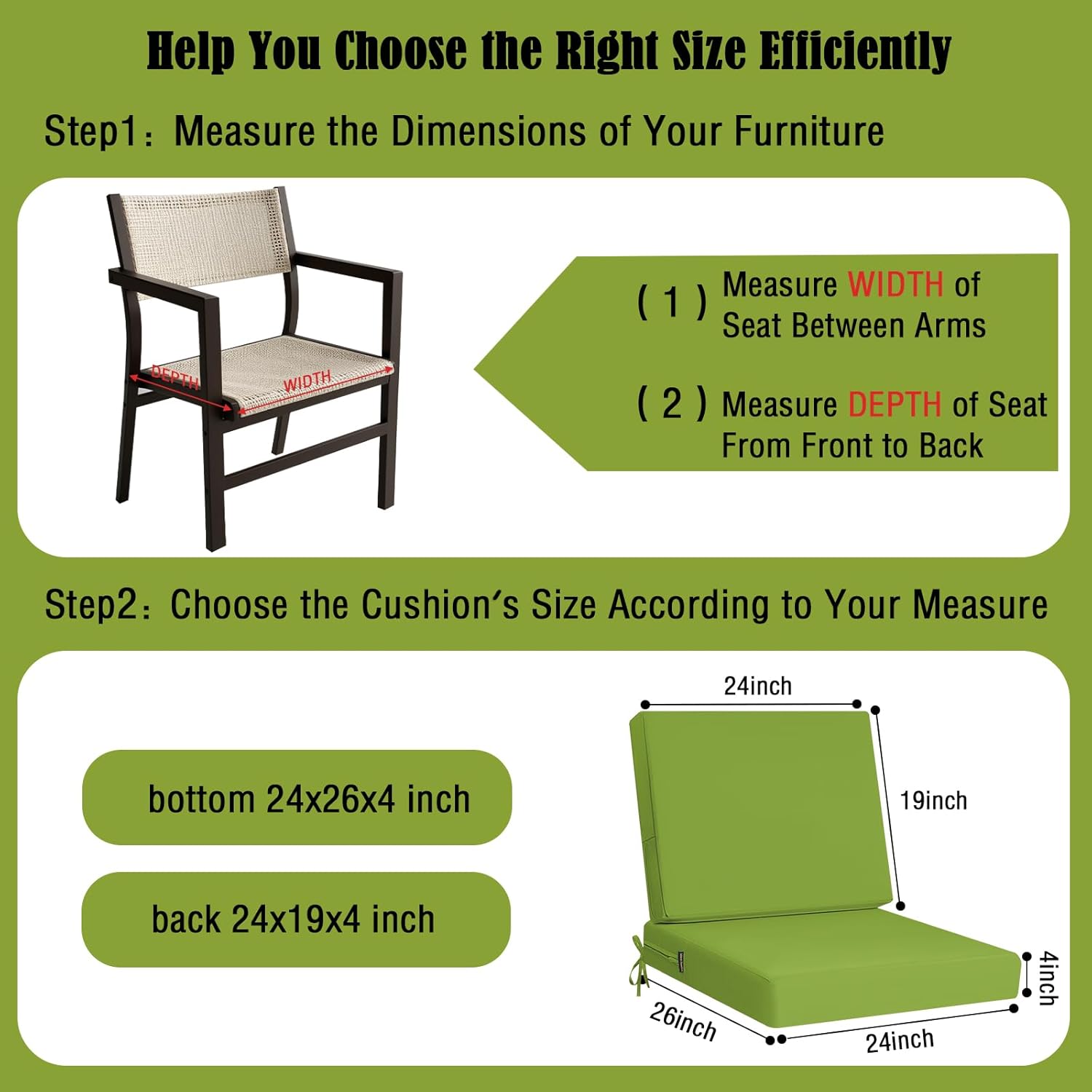 idee-home Outdoor Cushions for Patio Furniture, Outdoor Seat Cushion, Waterproof Couch Hampton Bay Deep Seat Replacement Chair Cushions for Garden Lawn Backyard Deck, 24 x 26 Green