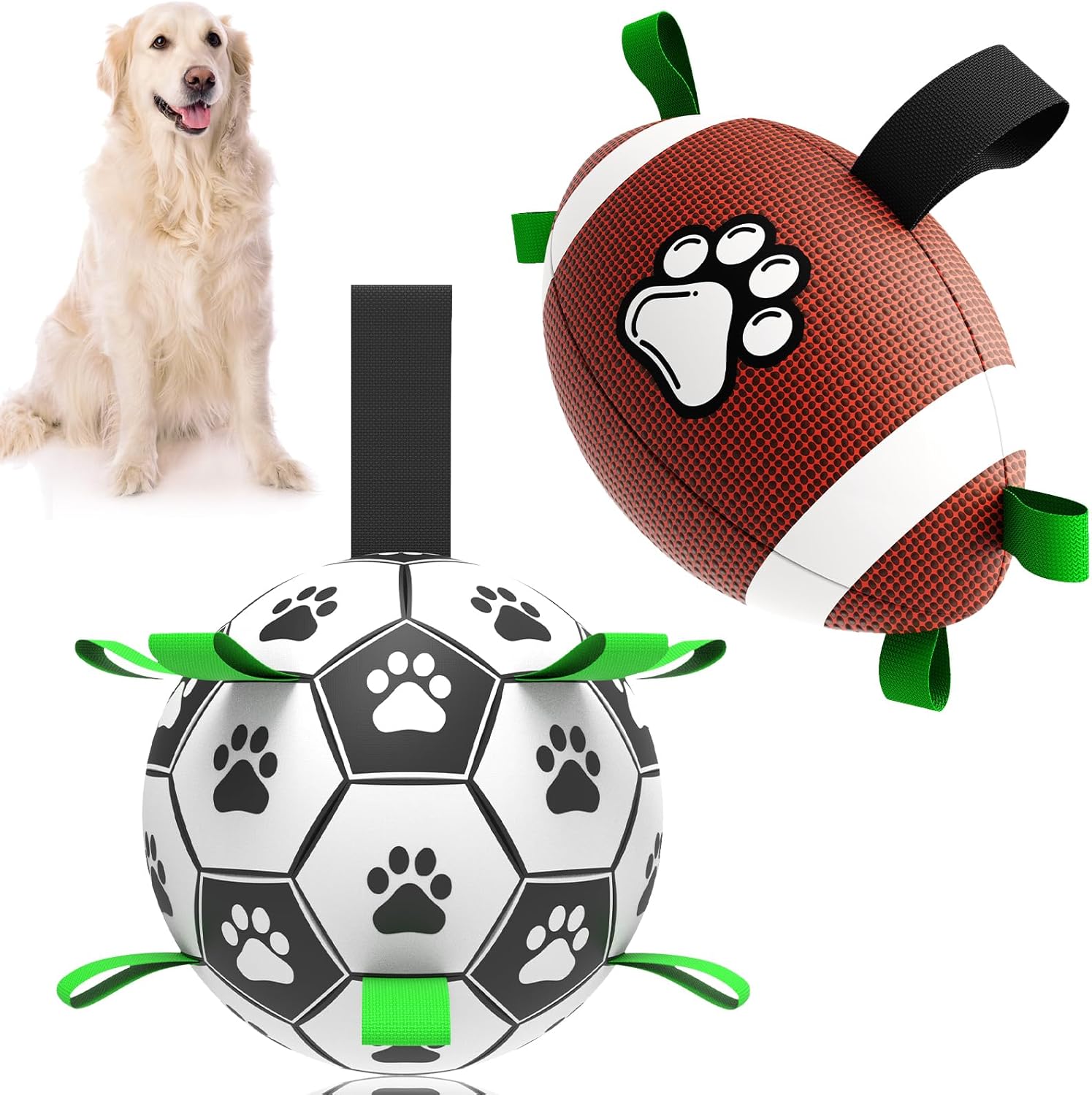 QDAN Dog Soccer Ball Football Set - 2 PCS Dog Balls with Strap for Tug of War, Soccer Ball Football Toys for Small Medium Large Dogs, Herding Ball for Dogs, Dog Birthday Toy