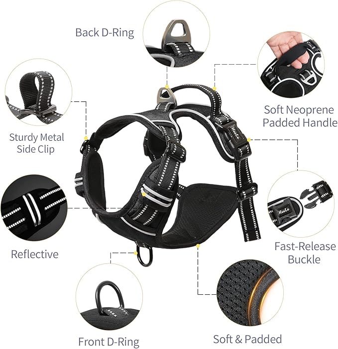 HEELE Dog Harness, No Pull Adjustable Padded Reflective Harness for Small Medium Large Dogs with Handle for Walking Training, Black, L