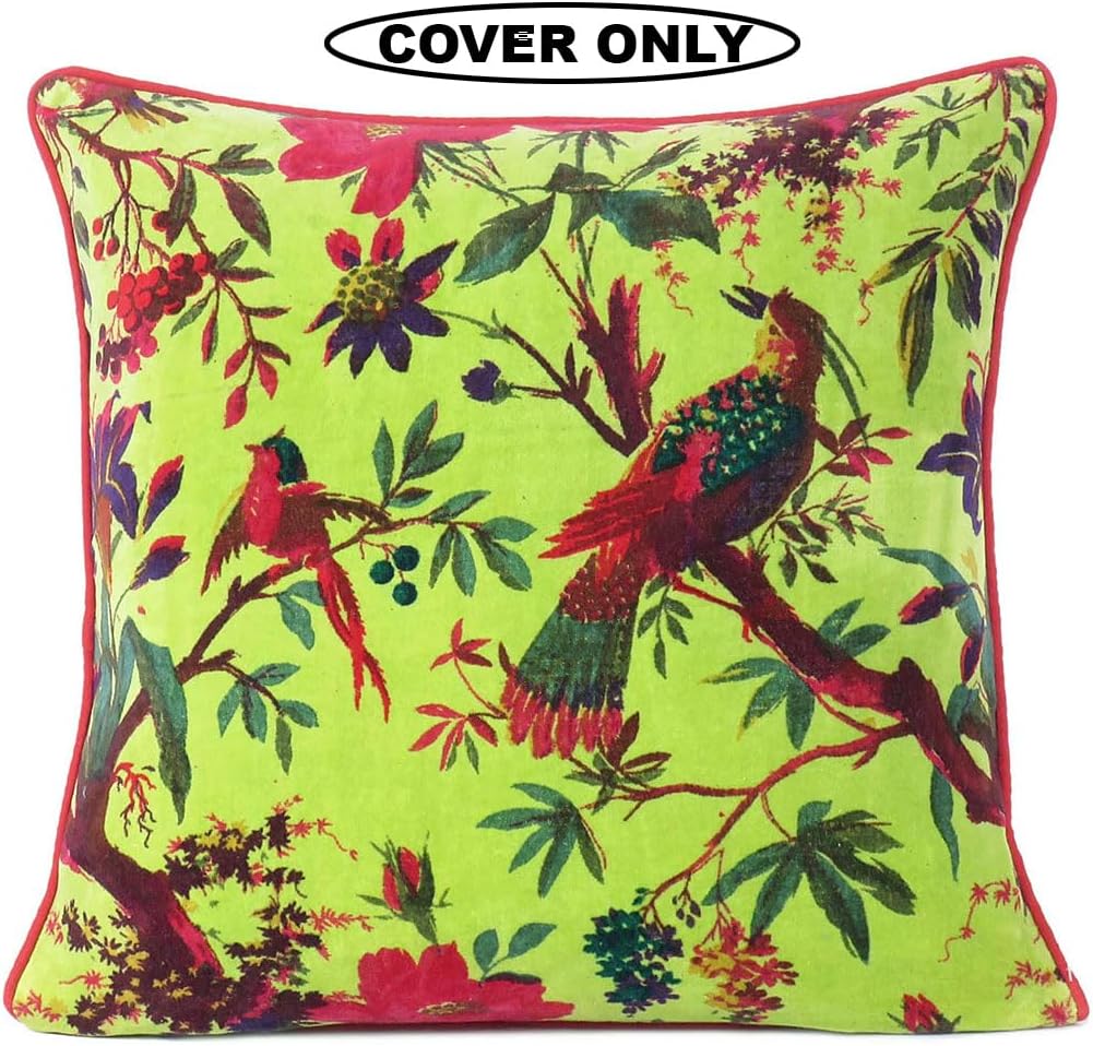 Eyes of India Velvet Floral Flower Bird Throw Pillow Sofa Cushion Cover Case Couch Colorful Boho Chic Bohemian Accent Indian Handmade (Light Green, 20" x 20")