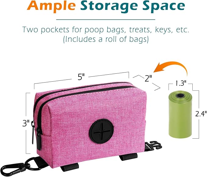 PetBonus Dog Poop Bag Holder, Portable Pet Waste Bag Dispenser, 2 Pouches for Treats and Walking Accessories, Fit All Leashes, Includes 1 Roll of Dog Poop Bags (Pink)