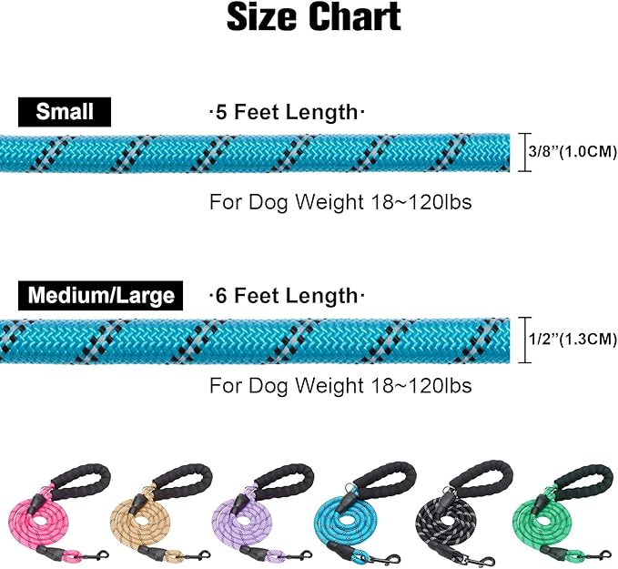 BEAUTYZOO Heavy Duty Rope Dog Leash 6 Pack, 6FT Nylon Pet Leash with Reflective Thread, Soft Padded Handle Thick Lead Leash for Large Medium Dogs Small Puppy,3/8inch X 5 FT (18~120 lbs)