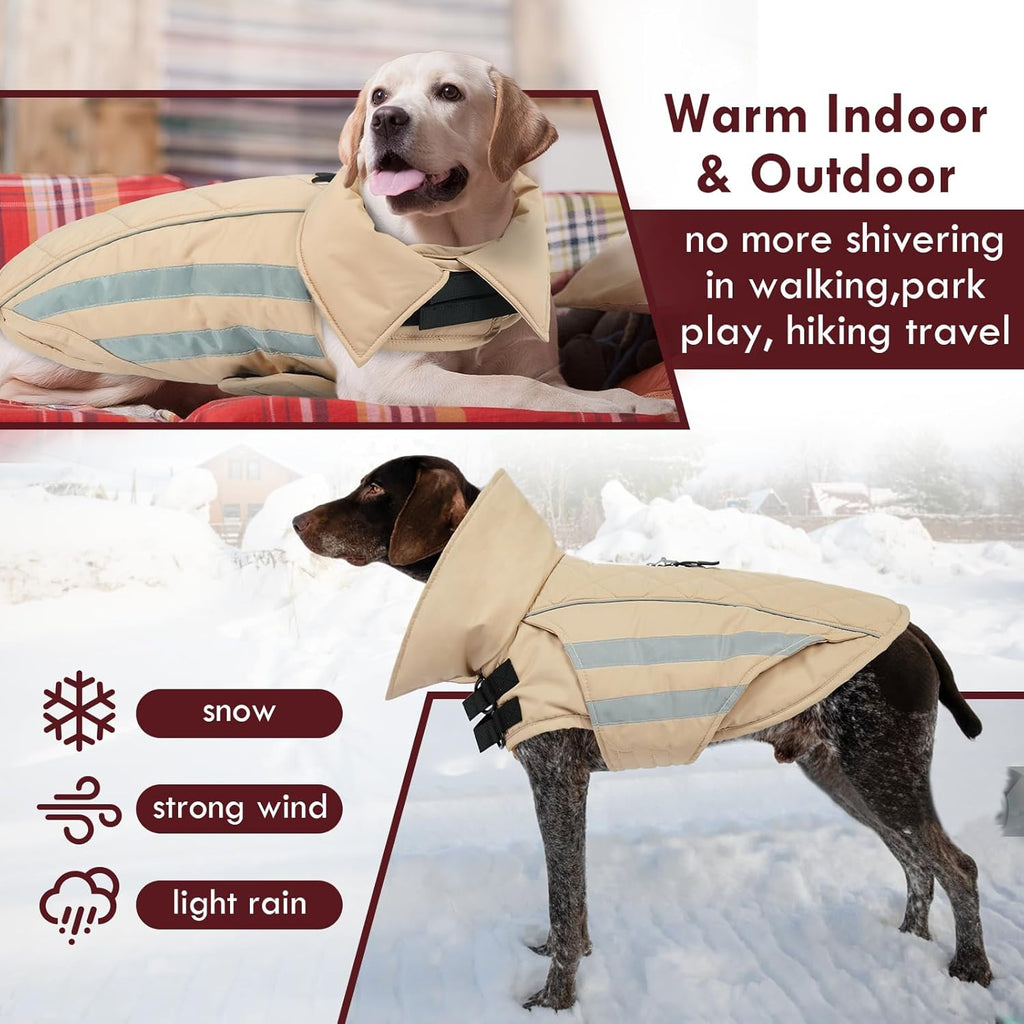 Dog Coats for Medium Dogs Waterproof Warm Winter Jacket with Leash Hole Reflective Turtleneck Fleece Snowsuit Hook & Loop Snow Jackets for Dogs, Khaki M