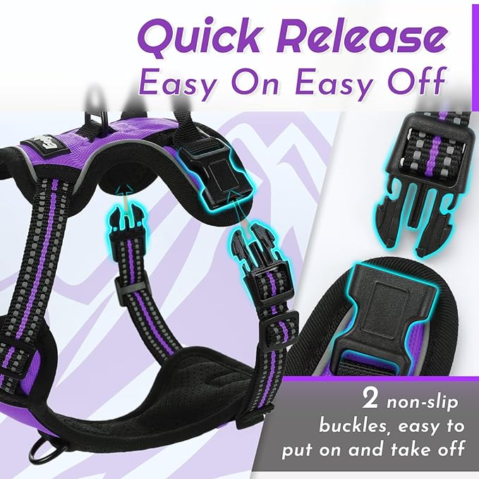 Eagloo Small Dog Harness No Pull, Service Vest with Reflective Strips and Control Handle, Adjustable and Comfortable for Walking, No Choke Pet Harness with 2 Metal Rings, Purple, XS