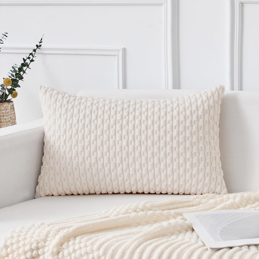 Kevin Textile 12x20 Inch Pillow Cover 1 Pack Boho Christmas Decorative Soft Striped Corduroy Lumbar Farmhouse Color Accent Rectangle Cushion Case for Living Room Couch Sofa Bed, Pure White