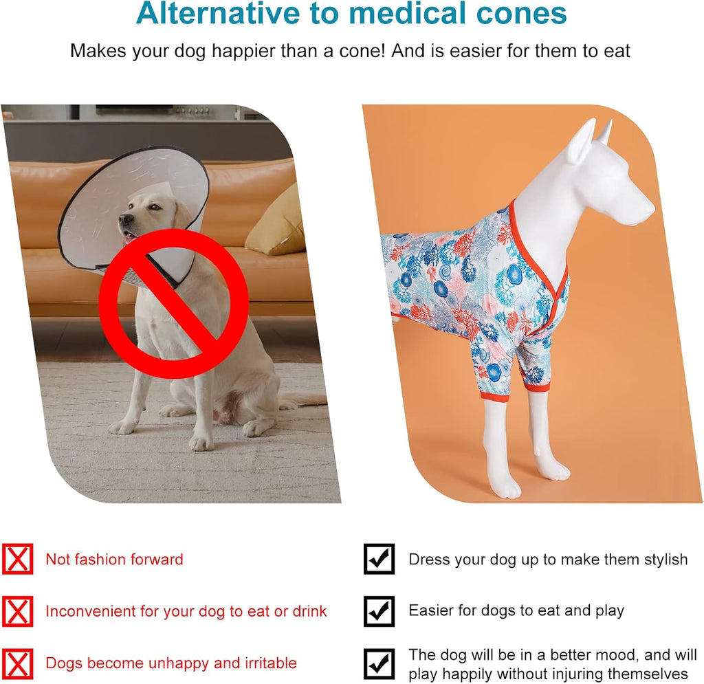 LovinPet Pajamas Outfit, Undershirt for Dog Coats, Lightweight Soft Fabric, Coral Trees and Shells Print, UV Protection Shirt, Easy to Wear Adorable Dog Clothes, Blue, XXL