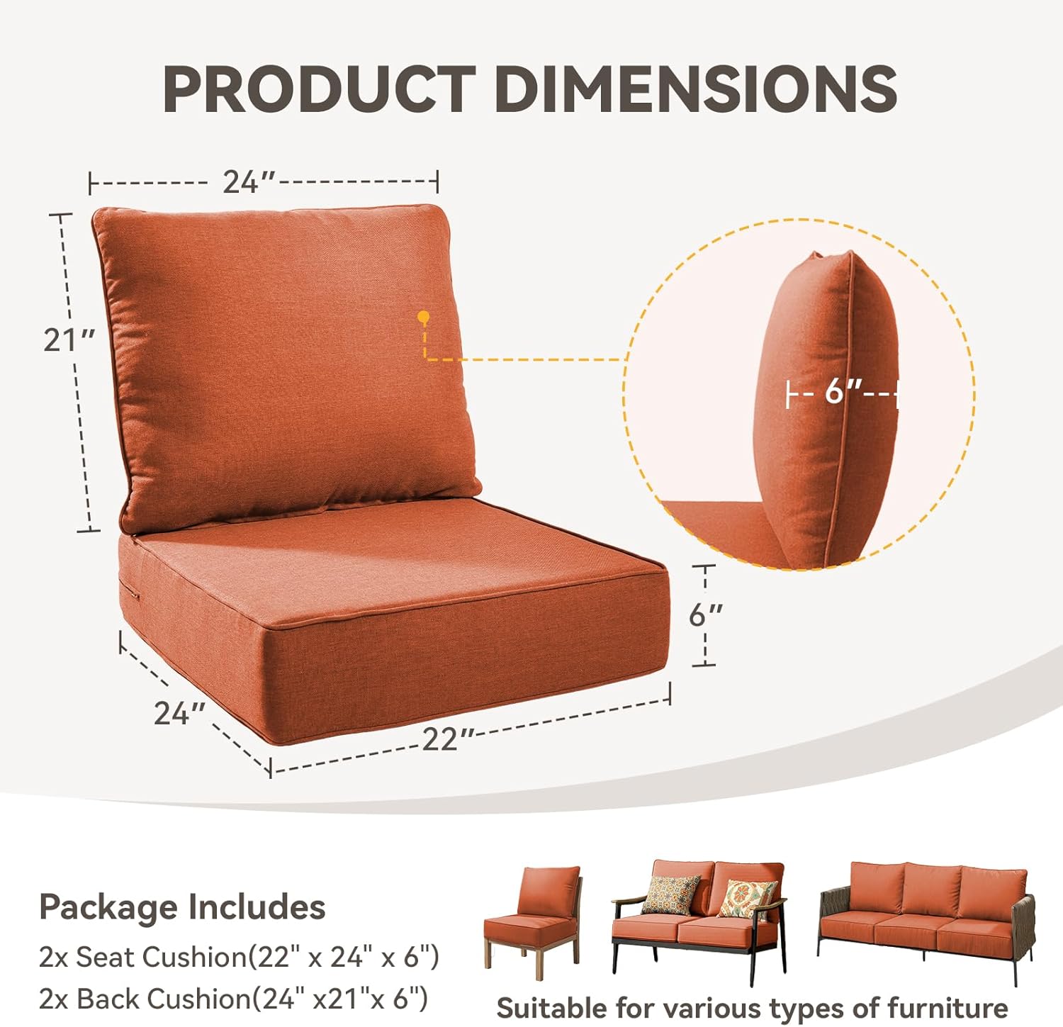 Outdoor Cushion Set for Furniture Patio Furniture, UV Resistant, Water Resistant - 6 Inch Thick Foam Garden Cushions– 22x24 Inch Patio Seat Covers for Chair/Sofa/Couch | Orange | 2-Pack |