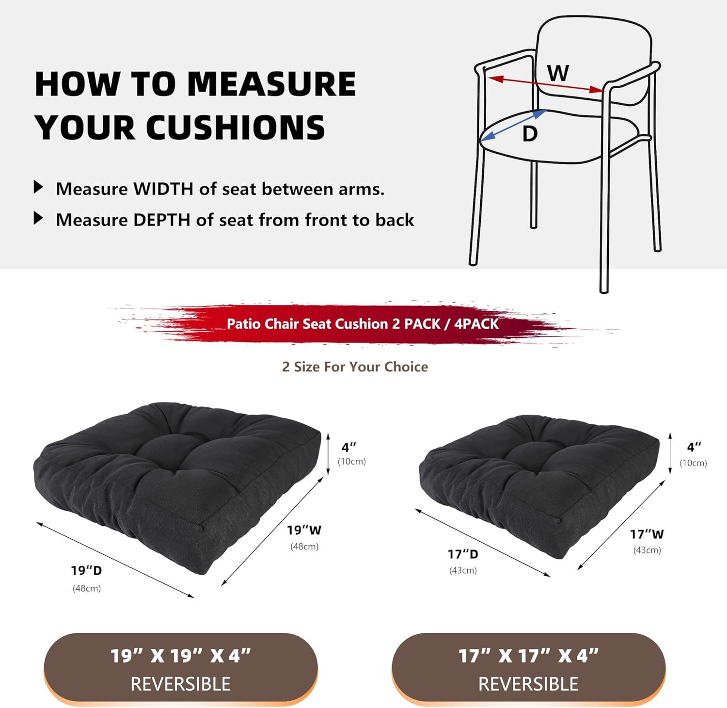 RACE LEAF 17" x 17" Patio Chair Cushions Black - Outdoor/Indoor Tufted Memory Foam Chair Pads Set of 2, Water-Resistant Olefin Chair Seat Cushion Non-Slip Backing