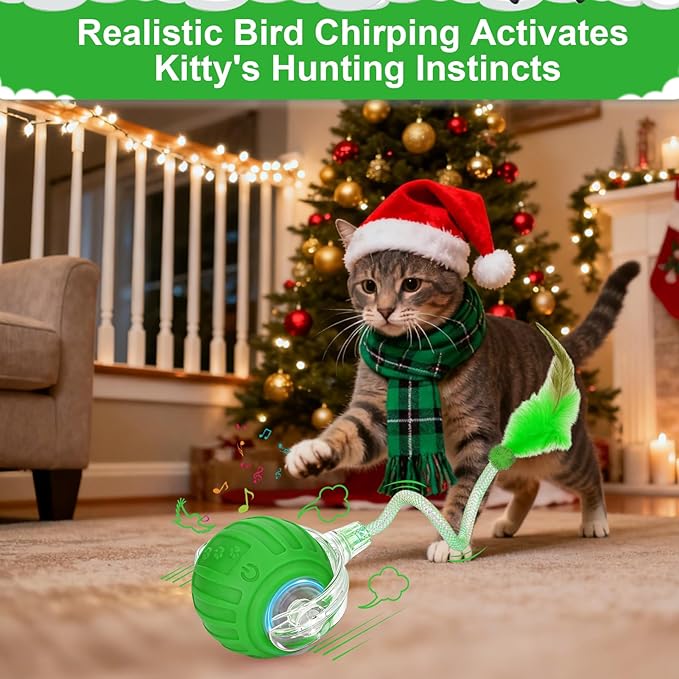 BABORUI Interactive Cat Toy Ball - Automatic Christmas Cat Toys for Indoor Cats with 5 Tails, 2 Speeds Rechargeable Cat Enrichment Toys for Small/Medium/Large Cats to Keep Them Busy